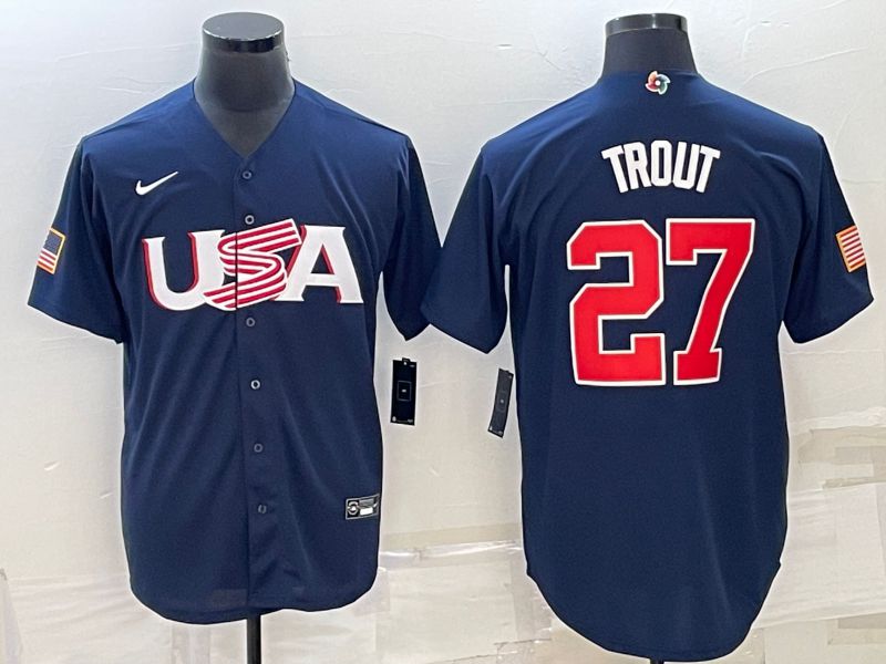 Men 2023 World Cub USA #27 Trout Blue Nike MLB Jersey6